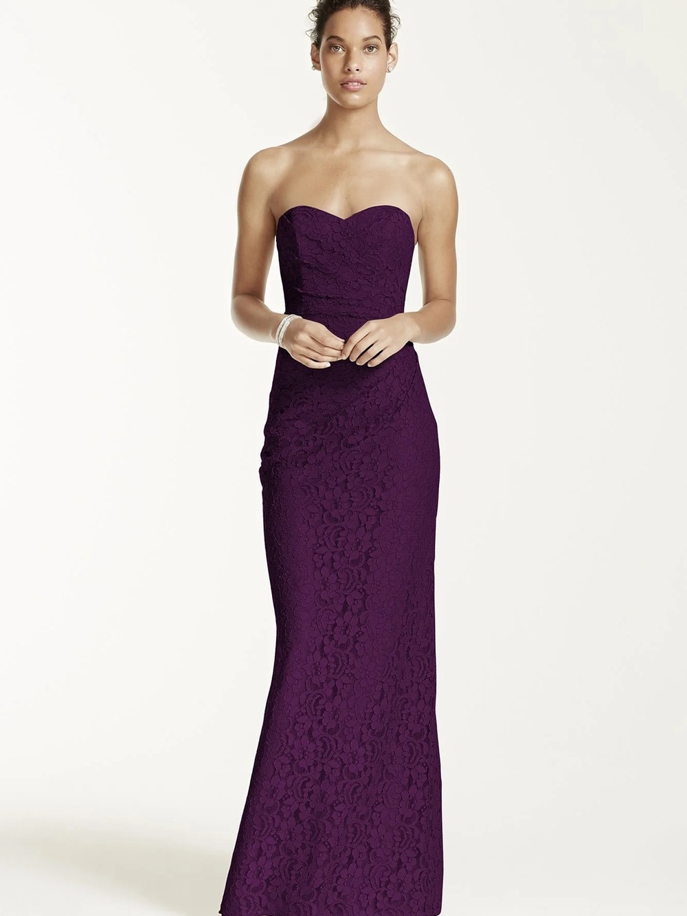 David's Bridal Strapless Lace Gown in Deep Purple